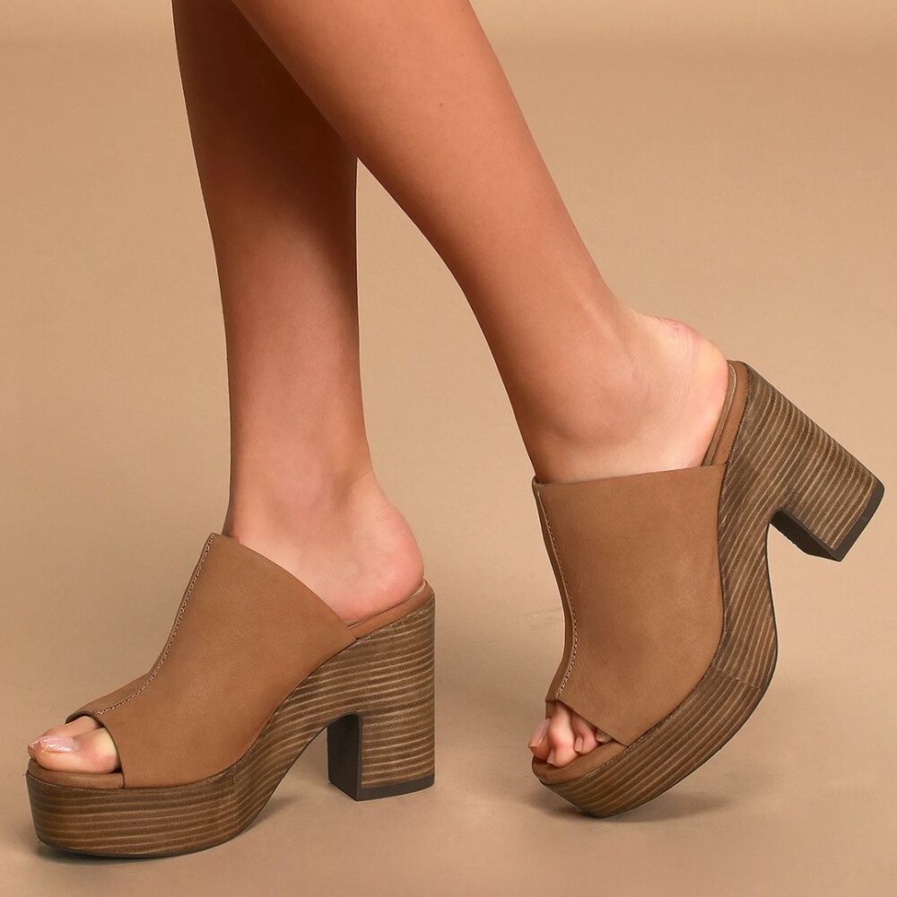 Seychelles Invigorated Tan Nubuck Leather Platform Peep-Toe Mules